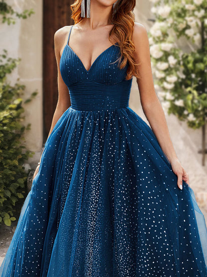 Robe de Bal à Paillettes, Col en V, Sans Manches