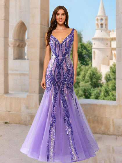 Robe de Bal Sirène/Trompette à Col en V et Sans Manches à Paillettes
