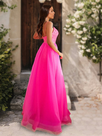 Robe de Bal Trapèze/Princesse à Paillettes, Col en V, Sans Manches