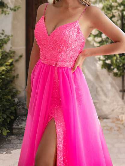 Robe de Bal Trapèze/Princesse à Paillettes, Col en V, Sans Manches