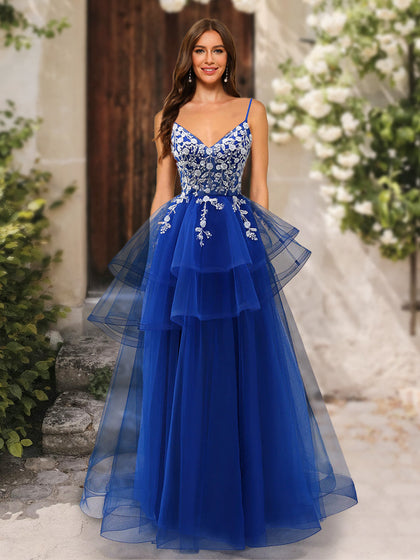 Robe de Bal Trapèze/Princesse à Col en V Sans Manches avec Appliques