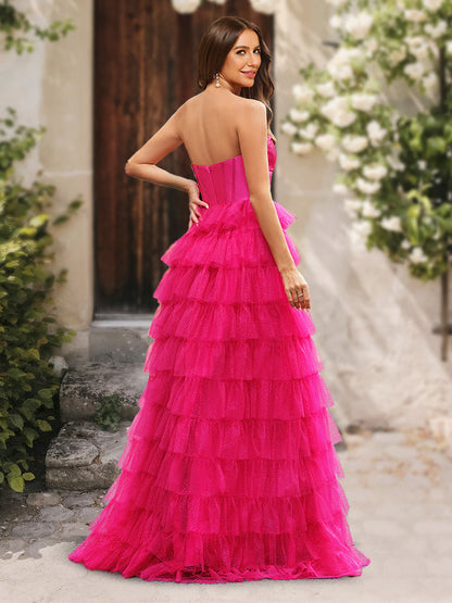 Robe de Bal Trapèze/Princesse Sans Bretelles à Volants et Fente Latérale