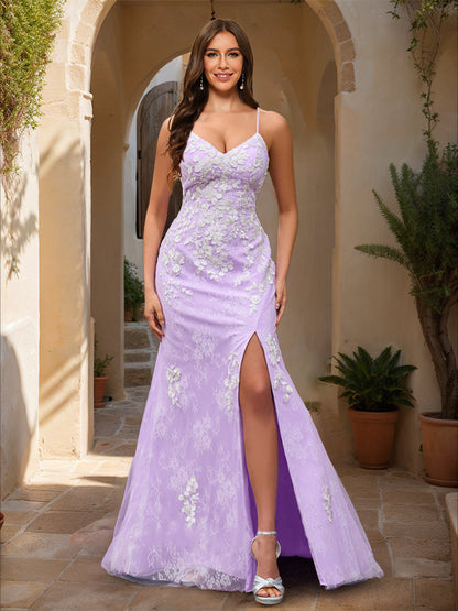 Robe de Bal Sirène/Trompette à Col en V Sans Manches et Fente Latérale