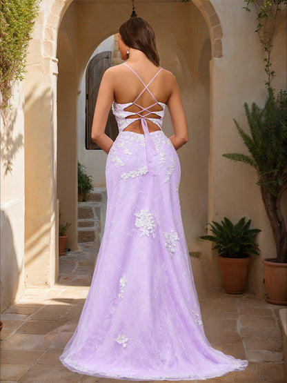 Robe de Bal Sirène/Trompette à Col en V Sans Manches et Fente Latérale