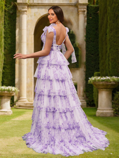 Robe de Bal Trapèze/Princesse à Col en V Sans Manches et à Volants