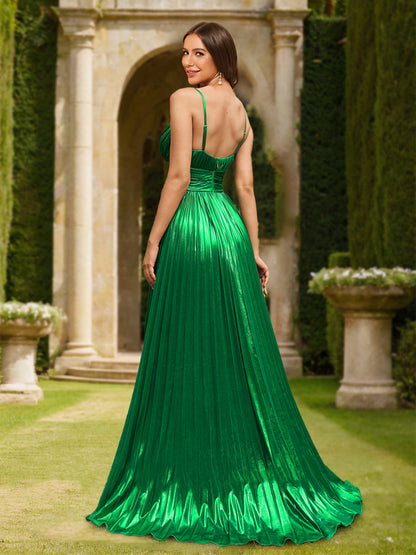 Robe de Bal Trapèze/Princesse Sans Manches, Col en V et Fente Latérale