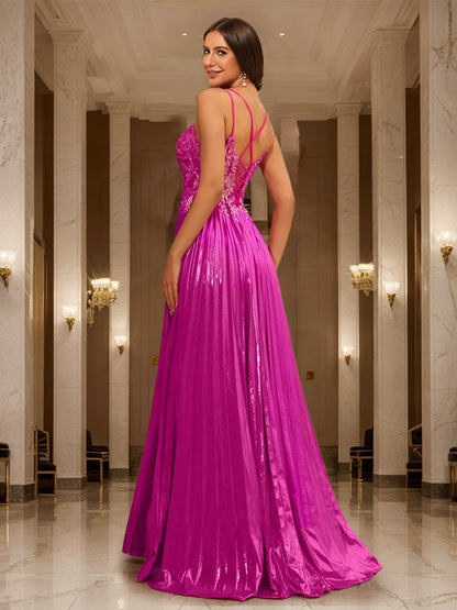 Robe de Bal Trapèze/Princesse Sans Manches, Col en V et Fente Latérale