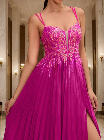 Robe de Bal Trapèze/Princesse Sans Manches, Col en V et Fente Latérale