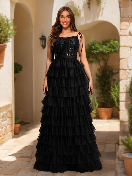Robe de Bal Trapèze/Princesse à Bretelles Spaghetti Sans Manches et à Volants