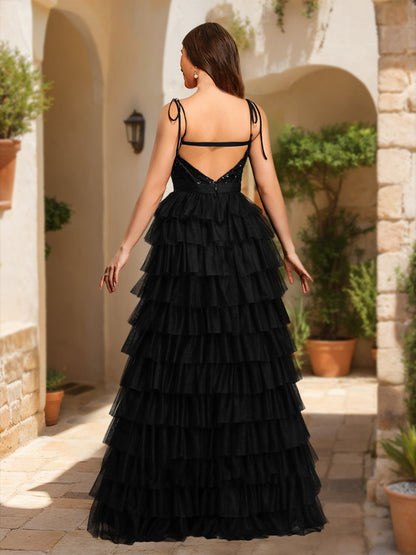 Robe de Bal Trapèze/Princesse à Bretelles Spaghetti Sans Manches et à Volants