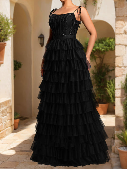 Robe de Bal Trapèze/Princesse à Bretelles Spaghetti Sans Manches et à Volants