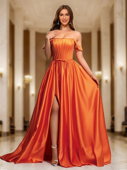 Robe de Bal Longue Coupe A-Line/Princesse, Épaules Dénudées et Fente Latérale