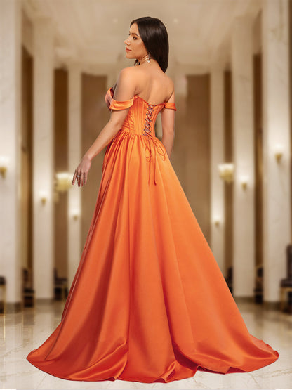 Robe de Bal Longue Coupe A-Line/Princesse, Épaules Dénudées et Fente Latérale