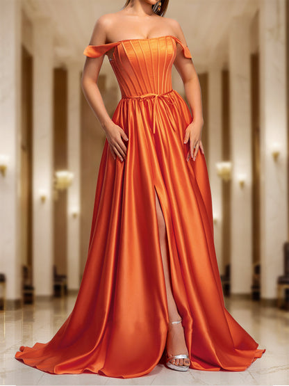 Robe de Bal Longue Coupe A-Line/Princesse, Épaules Dénudées et Fente Latérale