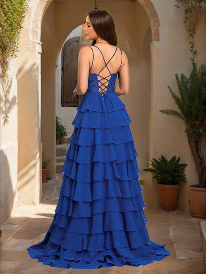 Robe de Bal Trapèze/Princesse à Bretelles, Corset Transparent en Dentelle à Volants et Appliqués