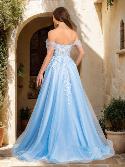 Robe de Bal Trapèze/Princesse en Tulle avec Décolleté en Cœur et Fente Latérale