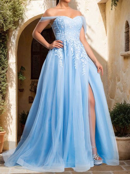 Robe de Bal Trapèze/Princesse en Tulle avec Décolleté en Cœur et Fente Latérale
