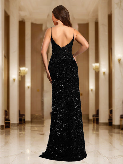 Robe de Bal Sirène à Bretelles Trompette et Col en V avec Sequins et Appliques
