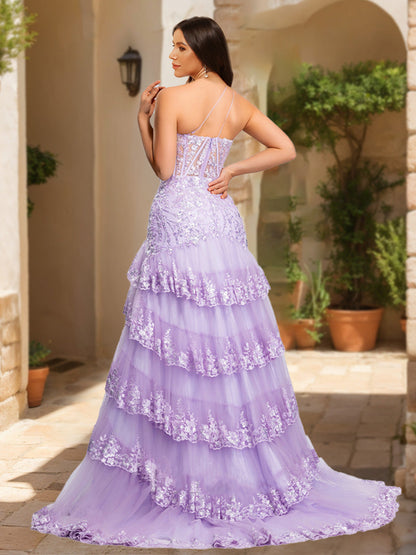 Robe de Bal Sirène Asymétrique à Volants et à Volants avec Appliques en Paillettes