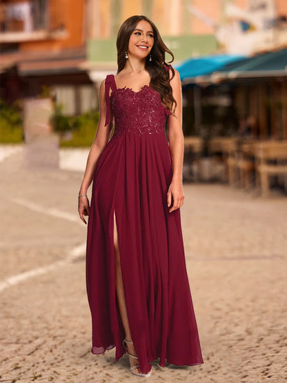 Robe de Bal Longue Trapèze/Princesse à Bretelles Nouées et Décolleté en Cœur avec Appliques à Paillettes