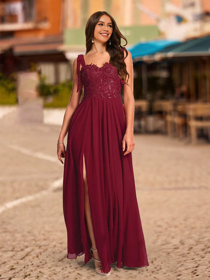 Robe de Bal Longue Trapèze/Princesse à Bretelles Nouées et Décolleté en Cœur avec Appliques à Paillettes