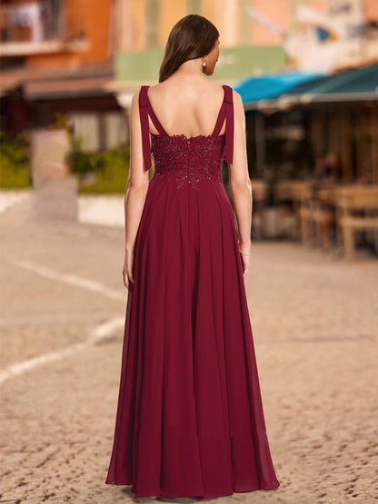 Robe de Bal Longue Trapèze/Princesse à Bretelles Nouées et Décolleté en Cœur avec Appliques à Paillettes