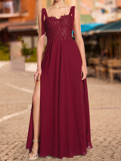 Robe de Bal Longue Trapèze/Princesse à Bretelles Nouées et Décolleté en Cœur avec Appliques à Paillettes