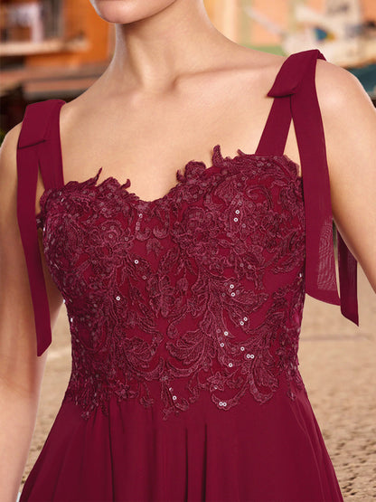 Robe de Bal Longue Trapèze/Princesse à Bretelles Nouées et Décolleté en Cœur avec Appliques à Paillettes
