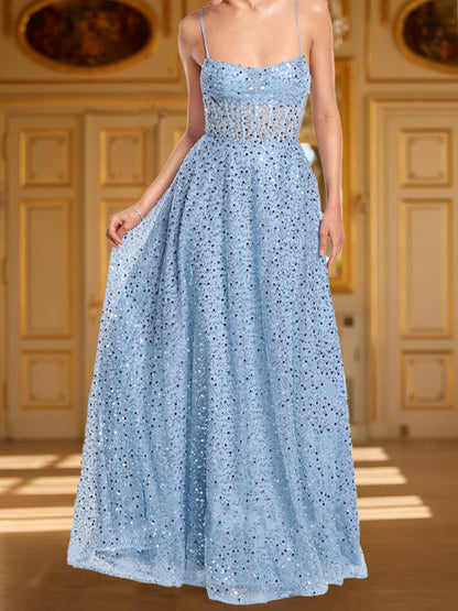 Robe de Bal Trapèze/Princesse à Bretelles, Col Bénitier, Sequins et Fente Latérale