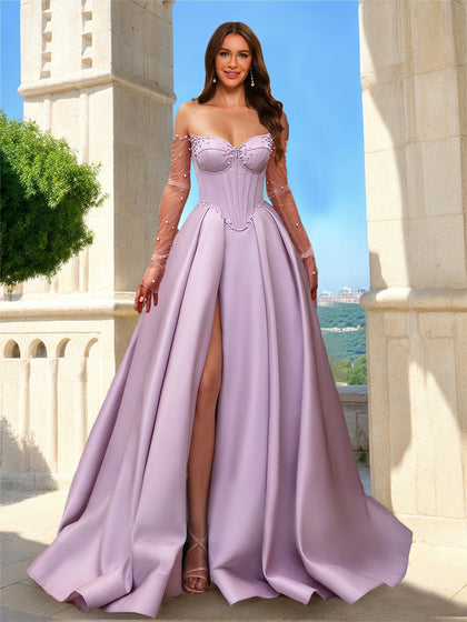 Robe de Bal Trapèze/Princesse Bustier, Manches Longues Transparentes avec Perles