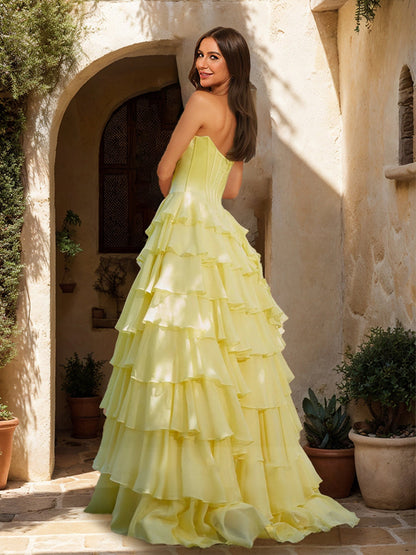 Robe de Bal Trapèze/Princesse à Volants et Décolleté en Cœur avec Fente Sur le Côté