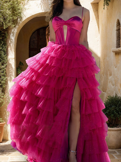 Robe de Bal Trapèze/Princesse à Bretelles Spaghetti et Volants avec Fente Latérale