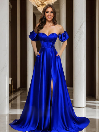 Robe de Bal Longue Coupe Trapèze/Princesse, Décolleté en Cœur, Sans Bretelles, Fendue avec Manches Amovibles