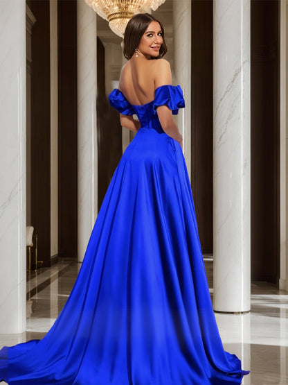 Robe de Bal Longue Coupe Trapèze/Princesse, Décolleté en Cœur, Sans Bretelles, Fendue avec Manches Amovibles