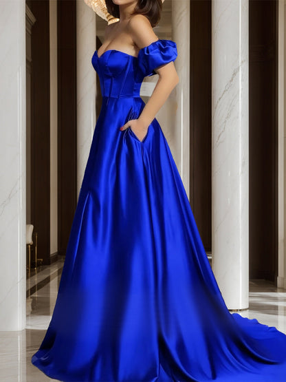 Robe de Bal Longue Coupe Trapèze/Princesse, Décolleté en Cœur, Sans Bretelles, Fendue avec Manches Amovibles