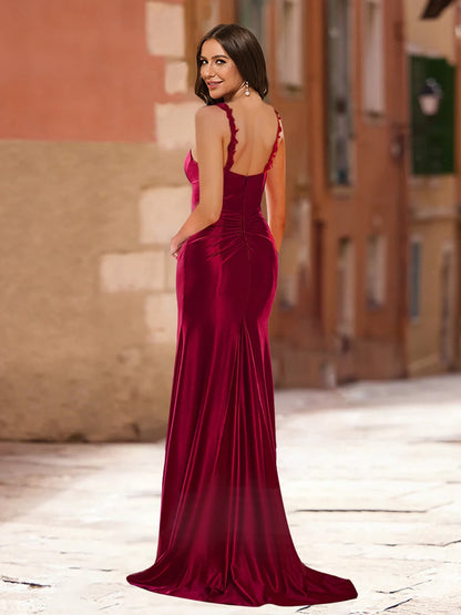 Robe de Bal Longue à Volants, Décolleté en Cœur, Style Sirène/Trompette avec Fente Sur le Côté