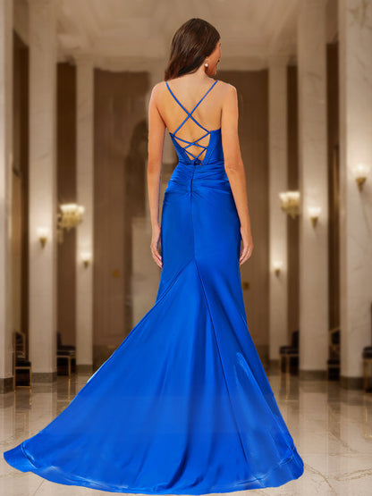 Robe de Bal Longue Plissée à Bretelles Style Sirène et Corset avec Nœud