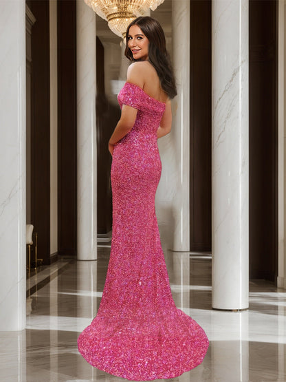 Robe de Bal Sirène/Trompette à Épaules Dénudées et Manches Courtes à Paillettes avec Fente Latérale