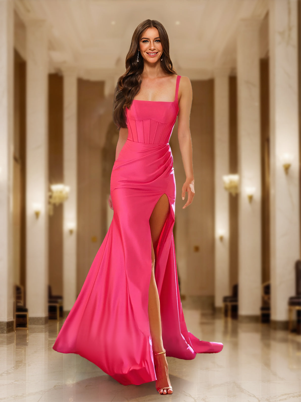 Robe de Bal Sirène/Trompette à Col Carré et Bretelles Froncées avec Fente Latérale
