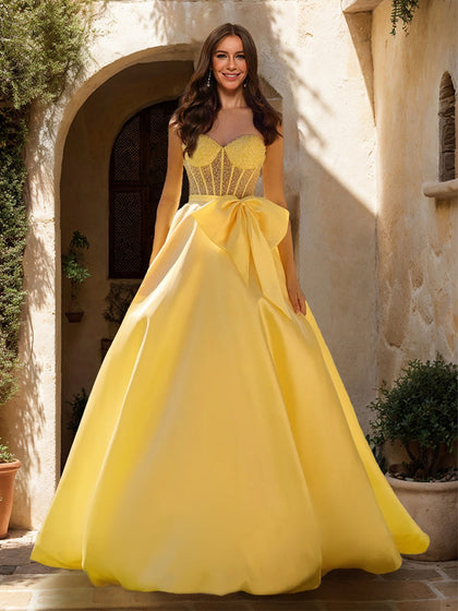 Robe de Bal Trapèze/Princesse en Tulle Transparent avec Décolleté en Cœur et Perles et Nœud
