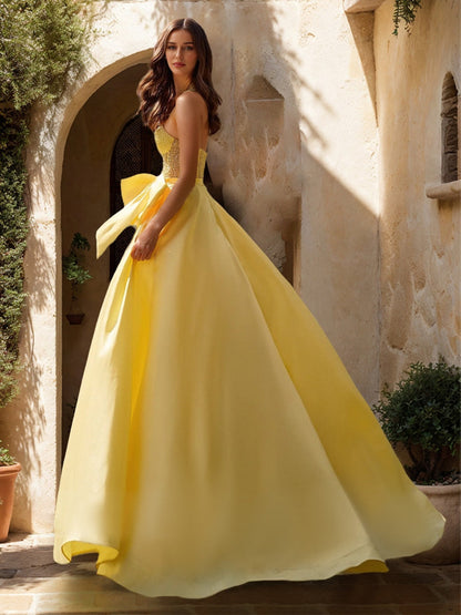 Robe de Bal Trapèze/Princesse en Tulle Transparent avec Décolleté en Cœur et Perles et Nœud