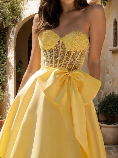Robe de Bal Trapèze/Princesse en Tulle Transparent avec Décolleté en Cœur et Perles et Nœud