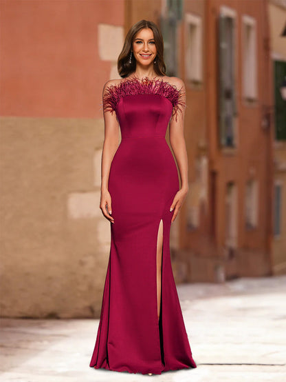 Robe de Bal Longue Bustier Style Sirène avec Plumes
