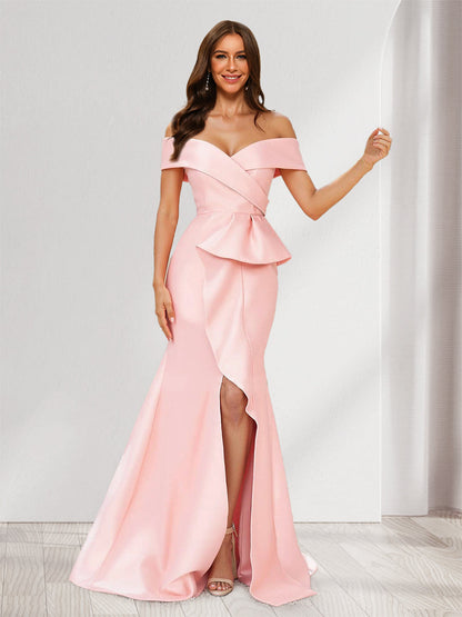 Robe de Demoiselled'Honneur Sirène/Trompette à Volants et Épaules Dénudées avec Fente Sur le Côté