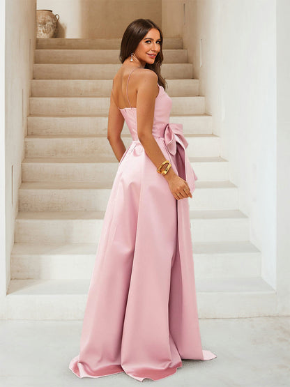 Robe de Demoiselled'Honneur Longue Coupe Trapèze/Princesse avec Bretelles et Nœud