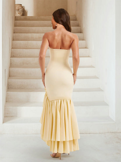 Robe de Demoiselled'Honneur Longue à Volants, Bustier/Sirène, à Volants et à Volants avec Fente Sur le Côté