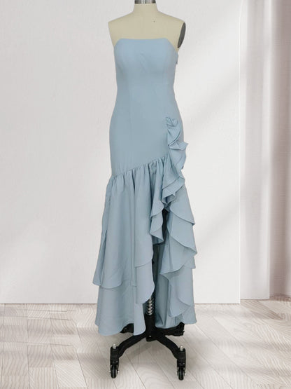 Robe de Demoiselled'Honneur Longue à Volants, Bustier/Sirène, à Volants et à Volants avec Fente Sur le Côté