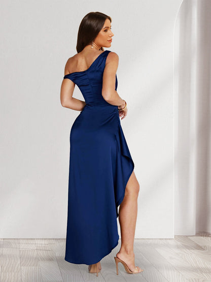 Robe de Demoiselled'Honneur Asymétrique à Une Épaule, Fourreau/Colonne, Longue, à Volants avec Fente Latérale