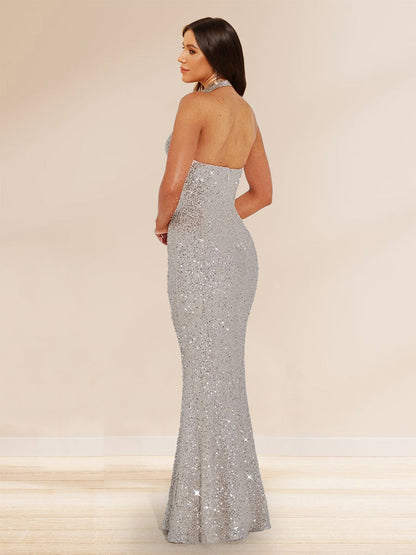 Robe de Bal Fourreau/Colonne à Paillettes Sans Manches et Dos Nu