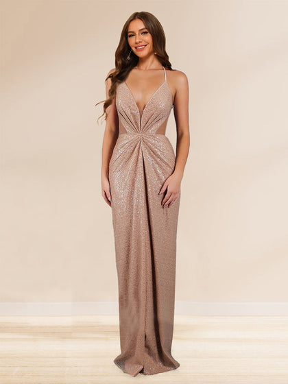 Robe de Bal Longue Fourreau/Colonne à Décolleté Plongeant et à Lacets et Sequins